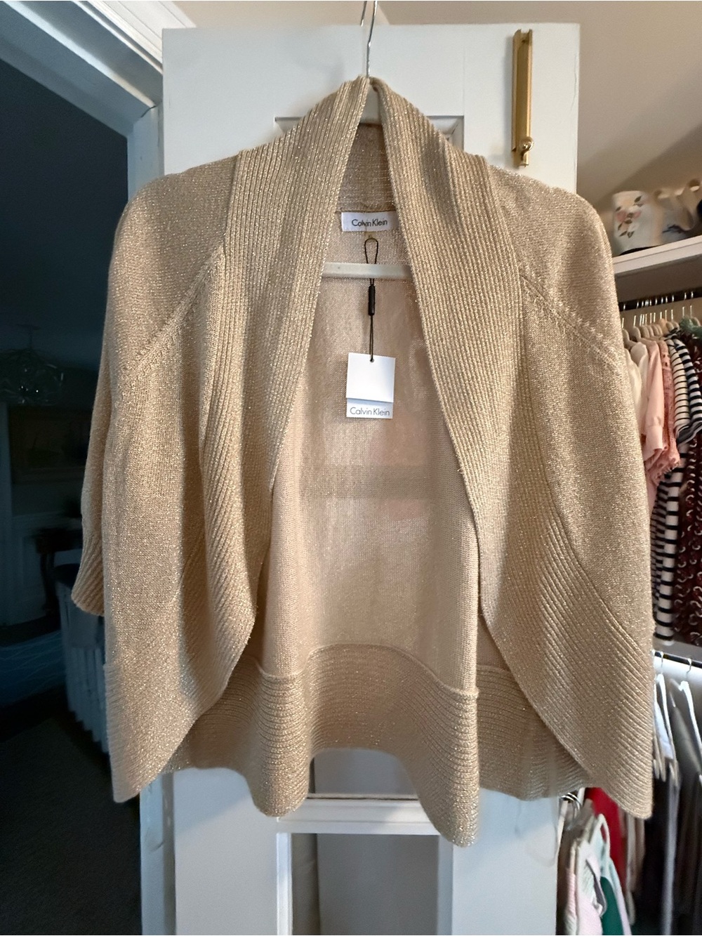 Calvin Klein Metallic Open-Front Shrug in Gold
